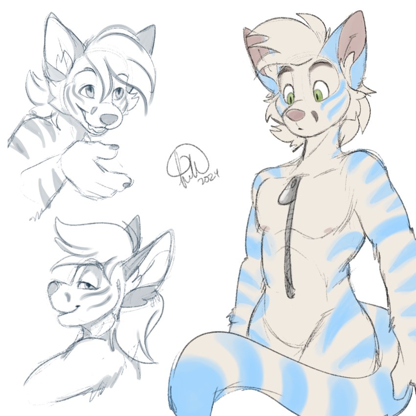 anthro blue_stripes fur green_eyes male solo stripes white_body white_fur zipper kwik_(artist) trepaura_(character) animate_inanimate felid living_clothing mammal pantherine tiger 1:1 digital_media_(artwork) hi_res sketch_page