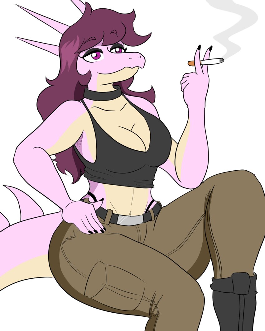 5_fingers anthro big_breasts biped black_clothing black_crop_top black_panties black_shirt black_topwear black_underwear bottomwear breasts cargo_pants choker cigarette clothed clothed_anthro clothed_female clothing crop_top eyebrow_through_hair eyebrows female fingers front_view hair happy holding_cigarette holding_object horn humanoid_hands jewelry long_hair midriff multicolored_body multicolored_scales navel necklace non-mammal_breasts panties pants pink_body pink_scales pose purple_eyes purple_hair scales shirt simple_background sitting smile smoke smoking solo spiked_tail spikes spikes_(anatomy) tail tan_body tan_scales thick_thighs topwear translucent translucent_hair two_tone_body two_tone_scales underwear white_background arsenic_iii chelsea_(arsenic_iii) aquilops ceratopsian dinosaur ornithischian prehistoric_species reptile scalie 4:5 hi_res portrait shaded three-quarter_portrait