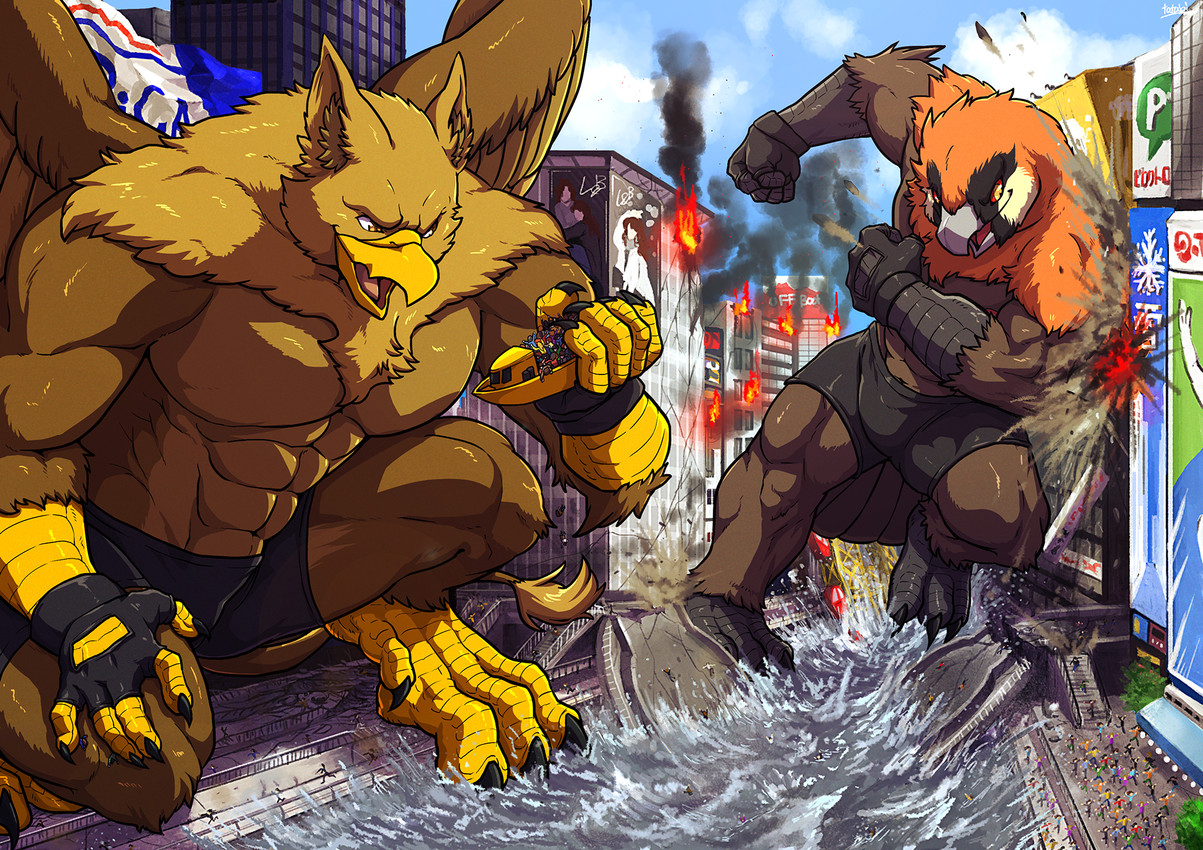 4_toes 5_fingers abs anthro beak biceps biped boxer_briefs brown_body brown_fur building building_destruction city city_background city_crushing city_destruction cityscape claws clothed clothing destruction duo extreme_size_difference feathered_wings feathers feet finger_claws fingerless_gloves fingers fire fur gloves handwear house landscape_dwarfing macro macro_anthro macro_male male muscular muscular_anthro muscular_male open_mouth outside pawpads paws pecs rampage river ship size_difference sky smile stomping tail toe_claws toes topless underwear vehicle vehicle_destruction watercraft wings tatugon mythology carpo sergey_(abiki) accipitrid accipitriform avian bearded_vulture bird gryphon mythological_avian mythological_creature old_world_vulture vulture hi_res