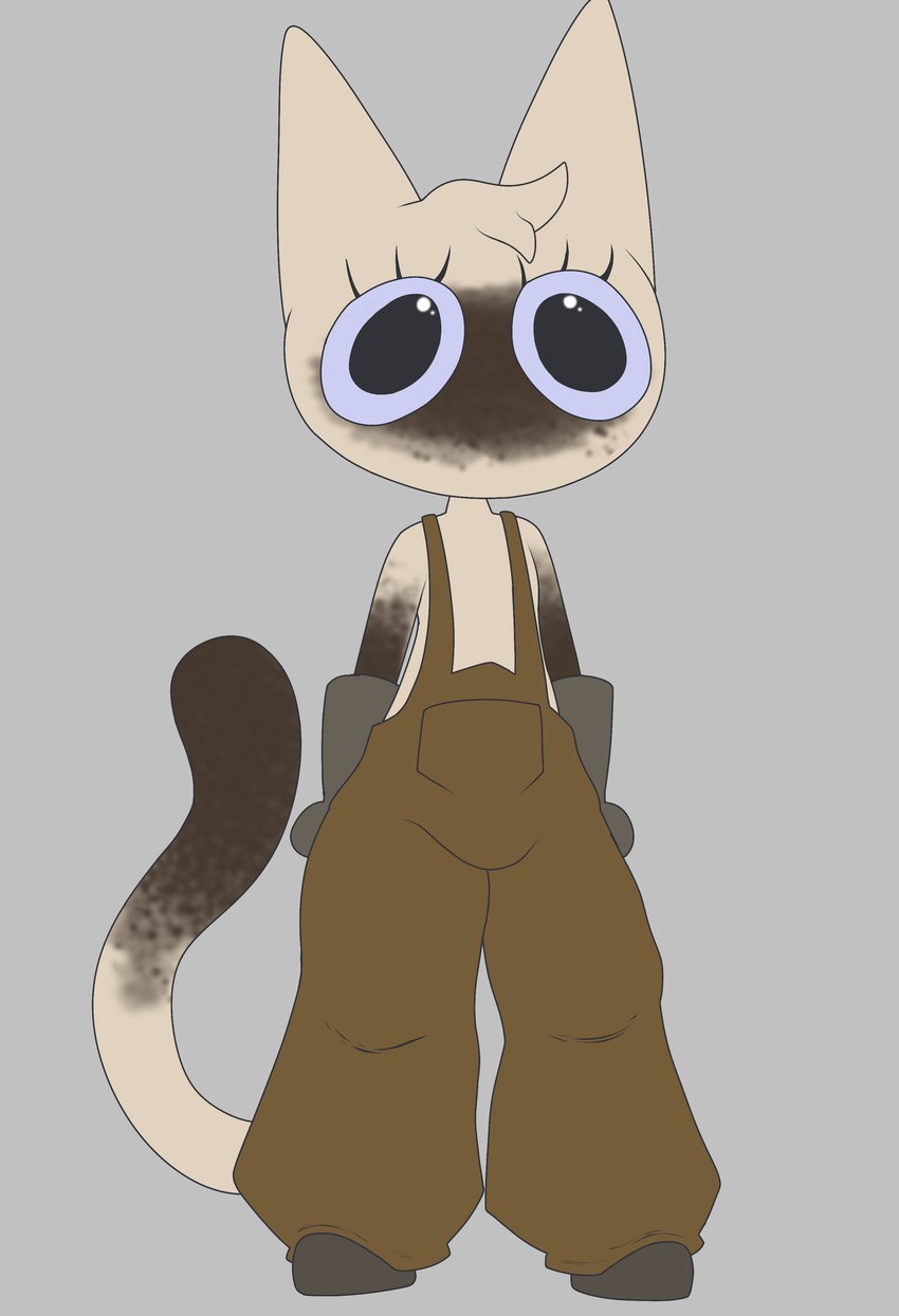 blue_eyes bottomwear clothed clothing eyelashes grey_background hair male overalls overalls_only oversized_bottomwear oversized_clothing oversized_pants pants silly simple_background solo tail gooblie_2 domestic_cat felid feline felis mammal siamese absurd_res hi_res