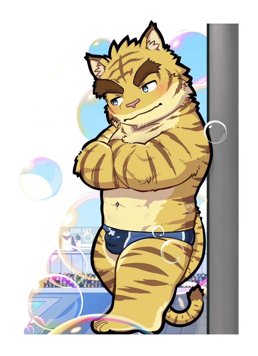 5_toes abs anthro blue_eyes blush brown_stripes bubble chibi clothed clothing countershade_face countershade_legs countershade_torso countershading crossed_arms dipstick_tail feet fur male markings multicolored_body multicolored_fur muscular muscular_anthro muscular_male navel pink_nose pool solo speedo speedo_only striped_body striped_fur stripes swimwear swimwear_only tail tail_markings tan_body tan_countershading tan_fur toes topless yellow_body yellow_fur elvendays morenatsu torahiko_(morenatsu) felid mammal pantherine tiger 2026 hi_res