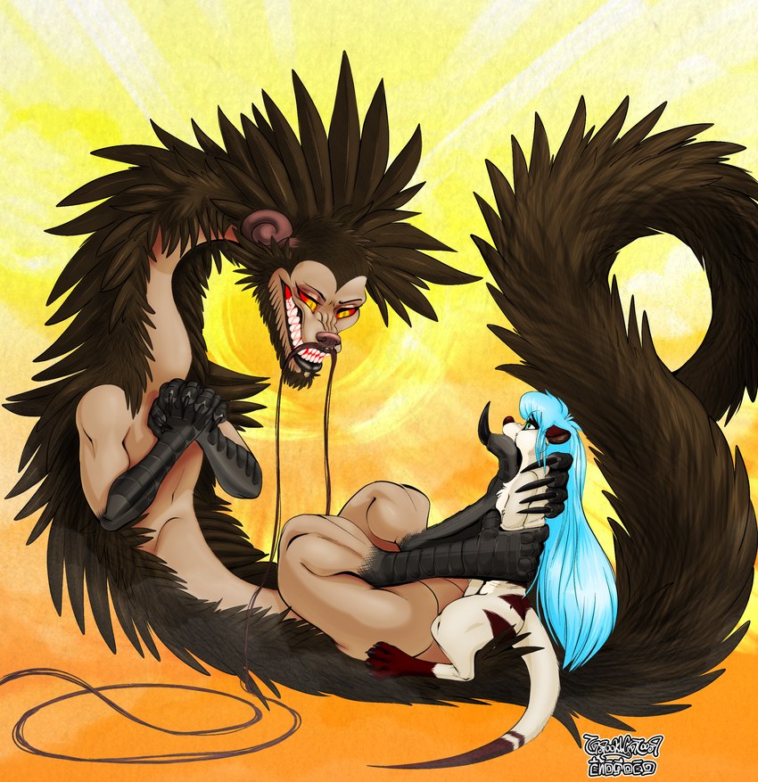 abstract_background ambiguous_gender anthro barbel_(anatomy) black_scutes blue_hair brown_body brown_fur brown_mane feathers feet flesh_whiskers fur green_eyes hair hindpaw male male/ambiguous mane paws red_sclera scuted_arms scuted_legs scutes sharp_teeth tail talons tan_body teeth toes white_body white_fur yellow_eyes conditional_dnp tanookicatoon american_mythology aztec_mythology mesoamerican_mythology mythology akira_meerkat quetzalcoatl uetzcayocoatl deity dragon herpestid mammal meerkat mythological_creature mythological_scalie scalie southern_dragon 2023 absurd_res digital_media_(artwork) hi_res