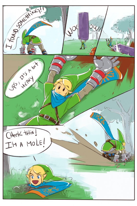 armor blonde_hair blue_eyes clothing digging drop falling gauntlets gloves green_clothing green_headwear hair handwear headgear headwear humor male not_furry smile solo text alderion-al hyrule_warriors nintendo the_legend_of_zelda link humanoid hylian comic digital_media_(artwork) english_text hi_res