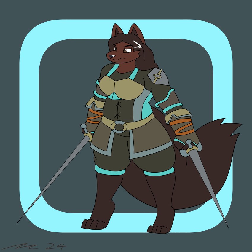 anthro armor biped brown_body brown_eyes brown_fur brown_hair clothed clothing dual_wielding female female_anthro fur hair holding_object holding_weapon melee_weapon sword weapon dirtymac mac-daddy dungeons_and_dragons hasbro wizards_of_the_coast canid canine canis mammal wolf 1:1 absurd_res hi_res