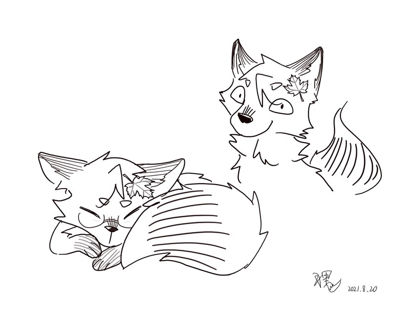 ambiguous_gender black_ears duo eyewear feral glasses maple_leaf simple_background sleeping young young_ambiguous young_feral maplefox canid canine fox mammal 2020 4:3 hi_res monochrome signature