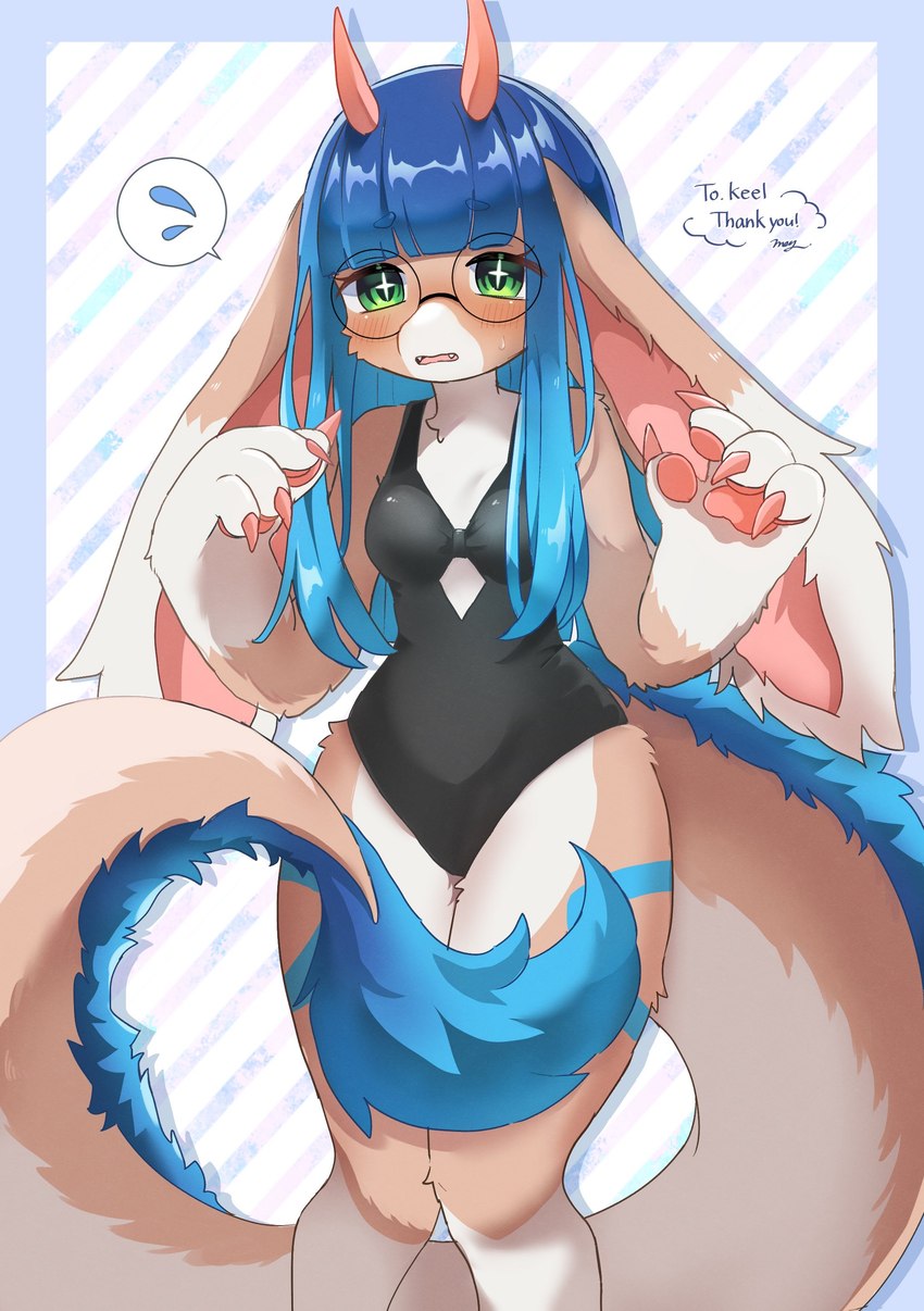 abstract_background anthro bare_shoulders big_ears big_hands biped blue_body blue_fur blue_hair bodily_fluids breasts brown_body brown_fur claws clothing countershade_fur countershading covering covering_self cross_pupils cute_fangs eyewear fangs female floppy_ears fur glasses gradient_hair green_eyes hair handpaw horn knock-kneed leg_markings long_hair long_tail looking_at_viewer lop_ears markings neck_tuft one-piece_swimsuit open_mouth paintbrush_tail pattern_background pawpads paws pink_claws pupils rabbit_ears raised_hand shy simple_background small_breasts socks_(marking) solo speech_bubble standing striped_background sweat sweatdrop swimwear symbol-shaped_pupils tail teeth text thick_tail thigh_markings tuft unusual_pupils white_body white_fur 115meg mythology dragon furred_dragon furred_scalie mythological_creature mythological_scalie scalie absurd_res artist_name commissioner_name hi_res