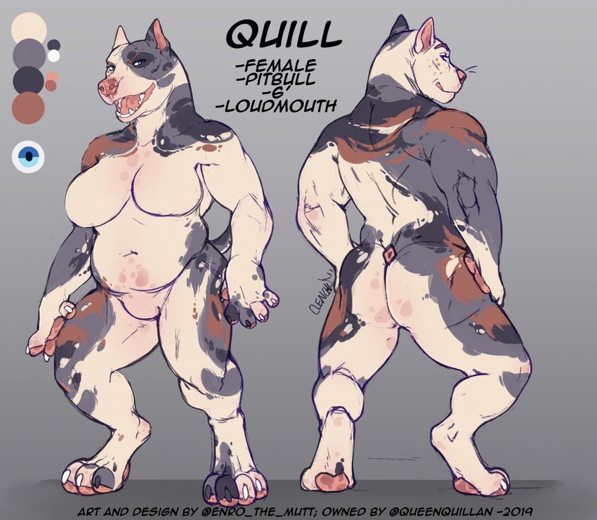 anthro breasts butt claws digitigrade featureless_breasts featureless_crotch female musclegut muscular muscular_anthro muscular_female open_mouth paws slightly_chubby solo teeth enro_the_mutt quillan blue_merle canid canine canis domestic_dog mammal pit_bull model_sheet