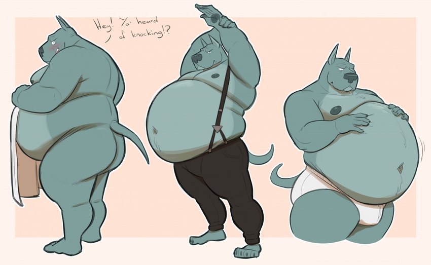 anthro arms_above_head back_rolls belly big_belly blush bottomwear butt clothing dialogue fat_rolls hand_on_belly looking_at_belly looking_at_viewer male navel nipples overweight overweight_anthro overweight_male pants simple_background solo suspenders towel underwear lizard_soup gus_(lizard_soup) canid canine canis domestic_dog mammal 2022