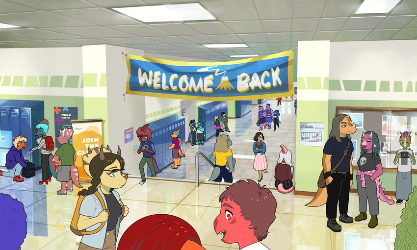 3_horns 5_fingers anthro backpack banner bottomwear breasts clothed clothing detailed_background dress female fingers footwear group hair hallway horn inside locker male multi_horn open_mouth plantigrade public school shirt shoes skirt standing text topwear ko_op goodbye_volcano_high anne_frank_(snoot_game) babs_(snoot_game) mikey_(gvh) nathan_(snoot_game) stephanie_(snoot_game) theresa_(snoot_game) thomas_(snoot_game) ankylosaurian ankylosaurid ankylosaurus ceratopsian dinosaur ornithischian prehistoric_species reptile scalie spinosaurid spinosaurus theropod thyreophoran triceratops 2021 absurd_res colored concept_art english_text hi_res official_art