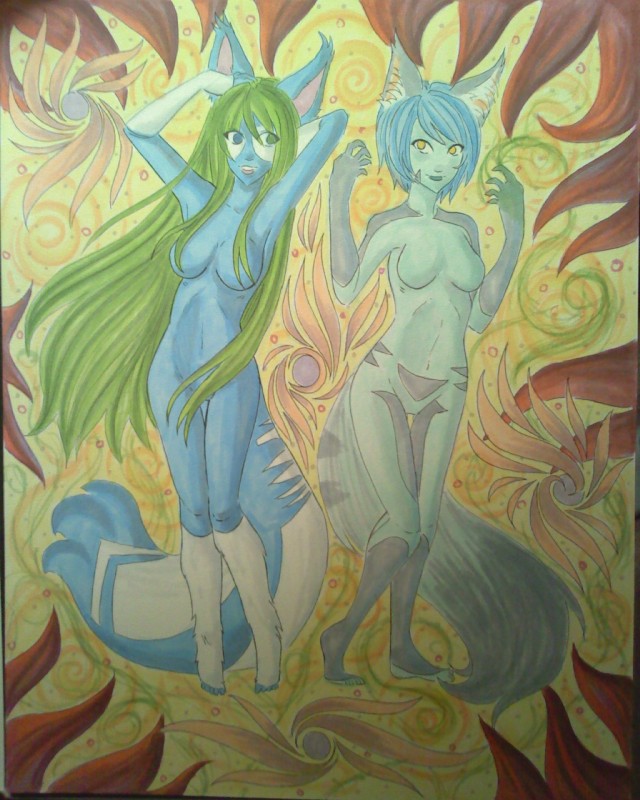 anthro blue_body blue_eyes blue_fur blue_hair breasts duo female fur green_hair grey_body grey_fur hair long_hair navel nude white_body white_fur yellow_eyes raptor007 dawniie_aeonix kara_(raptor007) felid mammal 2010 4:5 hi_res marker_(artwork) traditional_media_(artwork)