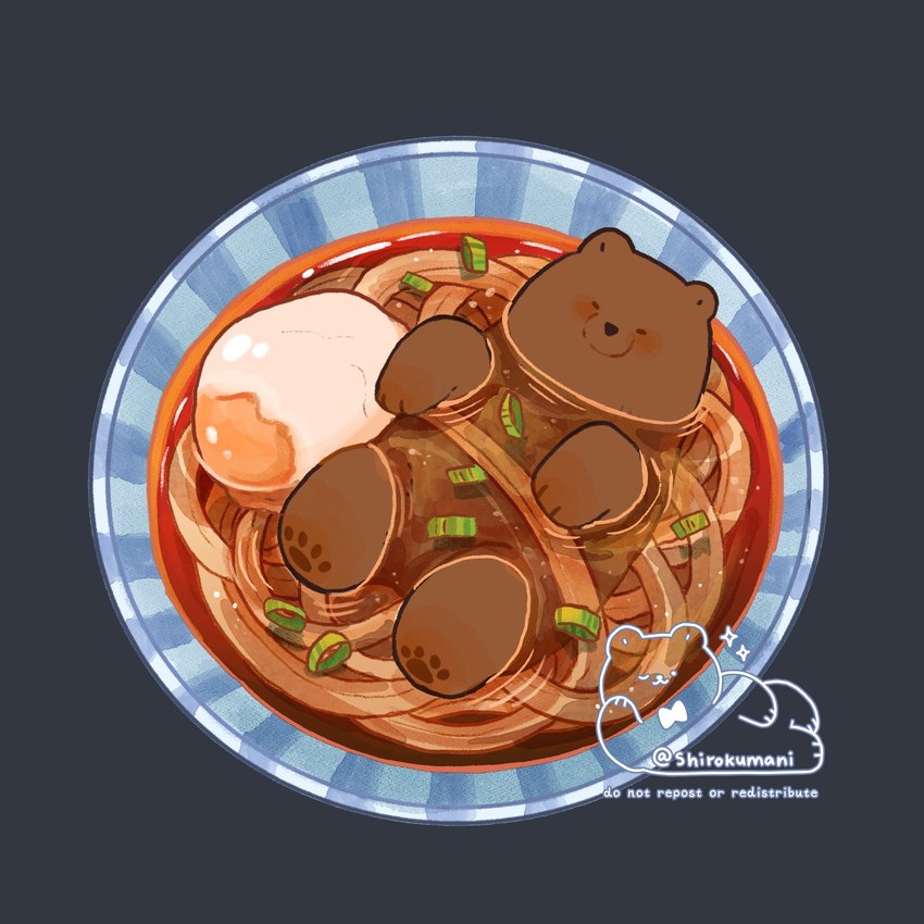 black_nose brown_body chibi comically_large_object detailed_food eyes_closed feral food in_food lying micro solo udon shirokumani bear mammal 1:1 2021 detailed hi_res