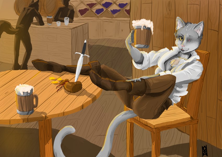 1_eye against_counter against_furniture against_surface anthro beer_mug bent_arm bent_legs chair coin coin_purse counter extended_arm feet_on_furniture feet_up female floor foot_on_table furniture gold_(metal) gold_coin group hand_on_leg hand_on_own_leg hand_on_own_shin hand_on_shin holding_leg holding_shin leaning leaning_backward leaning_forward leaning_on_counter leg_on_furniture leg_on_table on_chair over_edge raising_arm reclining reclining_on_chair resting_legs solo_focus supported_legs table tail_over_edge tavern trio wall_(structure) wood wood_chair wood_counter wood_floor wood_furniture wood_table wood_wall wounded nahadon domestic_cat felid feline felis mammal