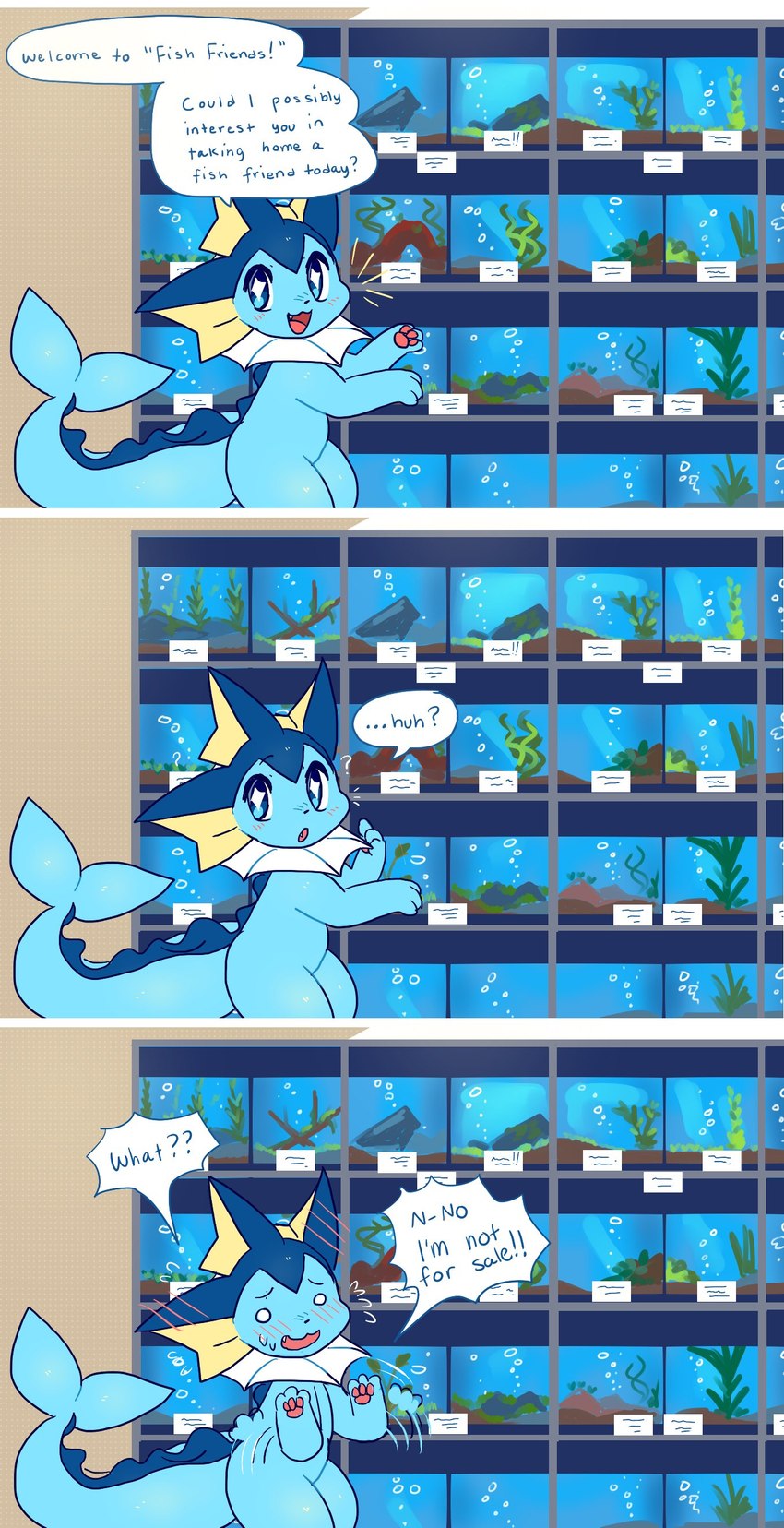 ambiguous_gender aquarium biped bipedal_feral blue_body blue_eyes blush dialogue display_aquarium ear_fins empty_eyes feral fin fish_tail fish_tank frill_(anatomy) looking_at_viewer neck_frill open_mouth pawpads pet_store solo speech_bubble star_eyes store tail text vivarium fiddleafox nintendo pokemon eeveelution fish generation_1_pokemon marine pokemon_(species) vaporeon absurd_res comic digital_media_(artwork) english_text hi_res unavailable_at_source