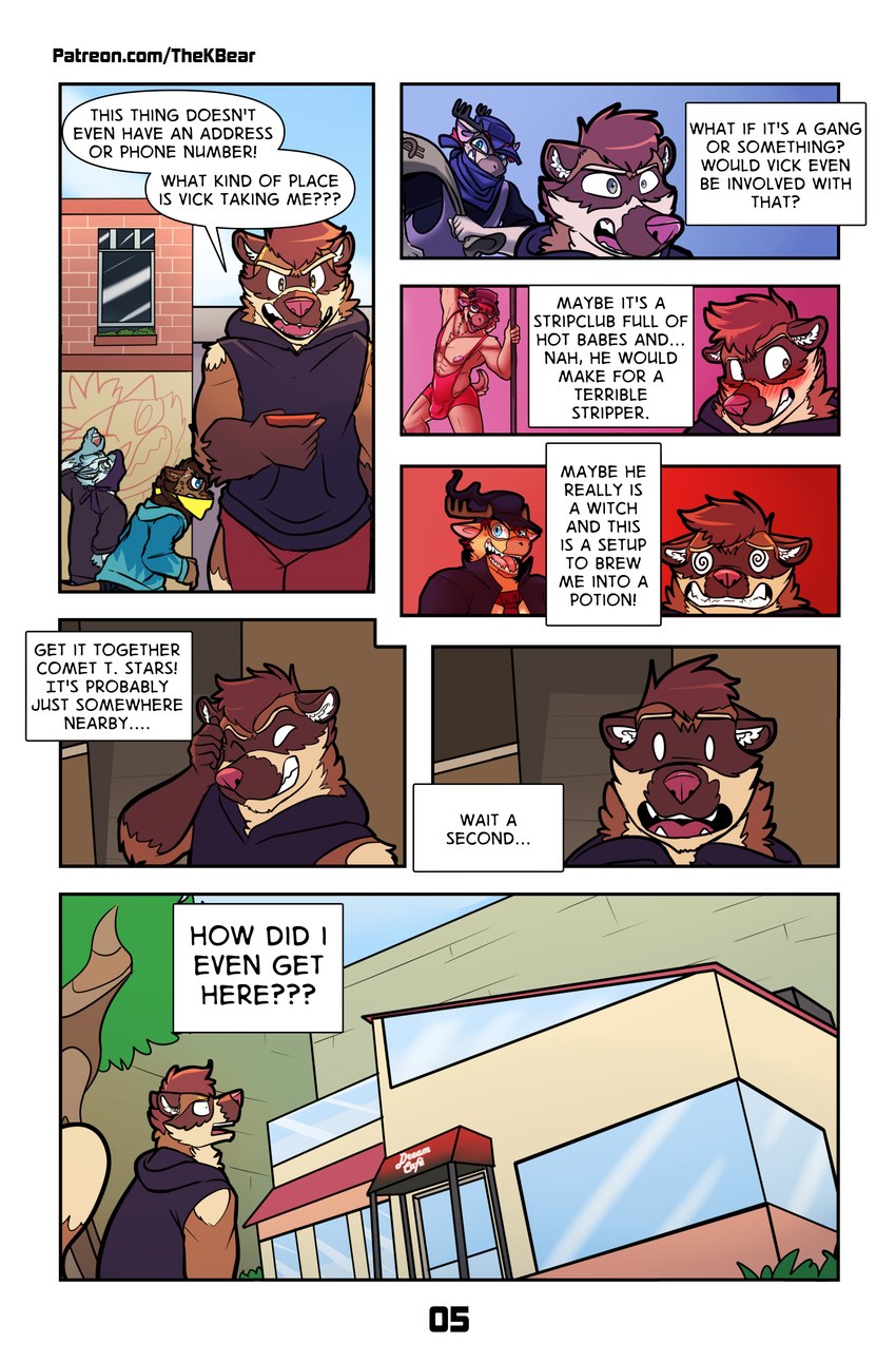 anthro dialogue dialogue_box male slightly_chubby slightly_chubby_anthro slightly_chubby_male spandex_suit speech_bubble text thekinkybear bro_wolffox comet_stars dude_lyena vick_timber canid canine canis deer felid fox hybrid hyena lion mammal pantherine raccoon_dog tanuki wolf absurd_res comic english_text hi_res url