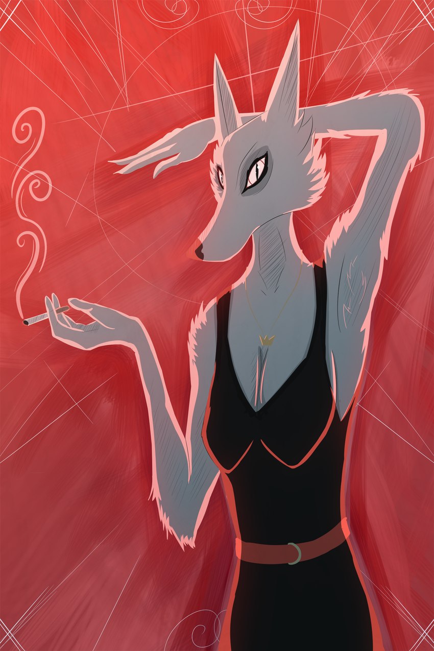 anthro armpit_tuft biped cigarette clothed clothing dress female looking_at_viewer smoking smoking_cigarette solo omalakai the_sinner canid canine canis mammal wolf 2:3 absurd_res hi_res