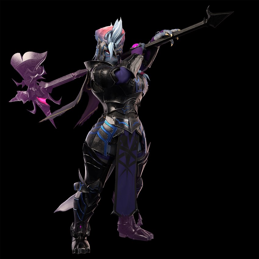5_fingers anthro armor axe belt blue_body blue_hair blue_scales braided_hair breasts clothed clothed_anthro clothed_female clothing female fingers greaves hair halberd humanoid_hands melee_weapon pauldron polearm scales solo standing weapon petruz petruz_(modeler) rasputitsa_(petruz) behemoth_(petruz) lizard reptile scalie 1:1 2025 3d_(artwork) blender_(artwork) digital_media_(artwork) hi_res