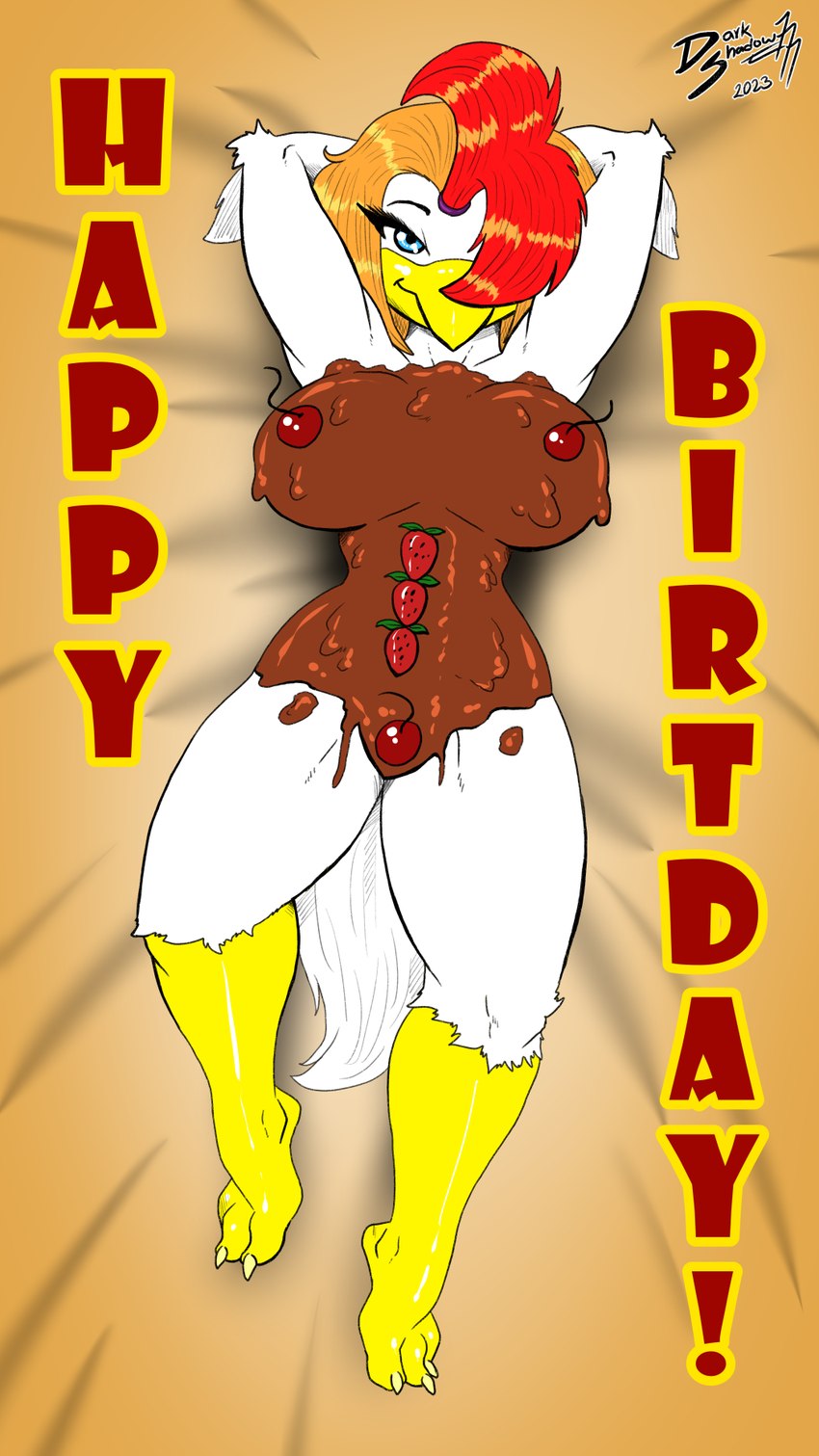 bedroom_eyes big_breasts bird_legs breasts candy cherry chocolate chocolate_on_body chocolate_on_breasts chocolate_sauce dessert eyelashes feathers feet female food food_censorship food_fetish food_play fruit hair hair_over_eye hands_behind_head happy_birthday looking_at_viewer lying narrowed_eyes on_back one_eye_obstructed orange_hair plant raised_arms red_hair seductive small_waist smile solo strawberry talons text thick_thighs toes white_body white_feathers darkshadow777 tart_(eto_rangers) avian bird chicken galliform gallus_(genus) phasianid 2023 hi_res