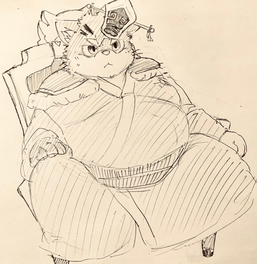 anthro belly clothed clothing kemono male overweight overweight_anthro overweight_male simple_background sitting solo kogiinu lifewonders tokyo_afterschool_summoners sitri_(tas) domestic_cat felid feline felis mammal 2021 hi_res sketch