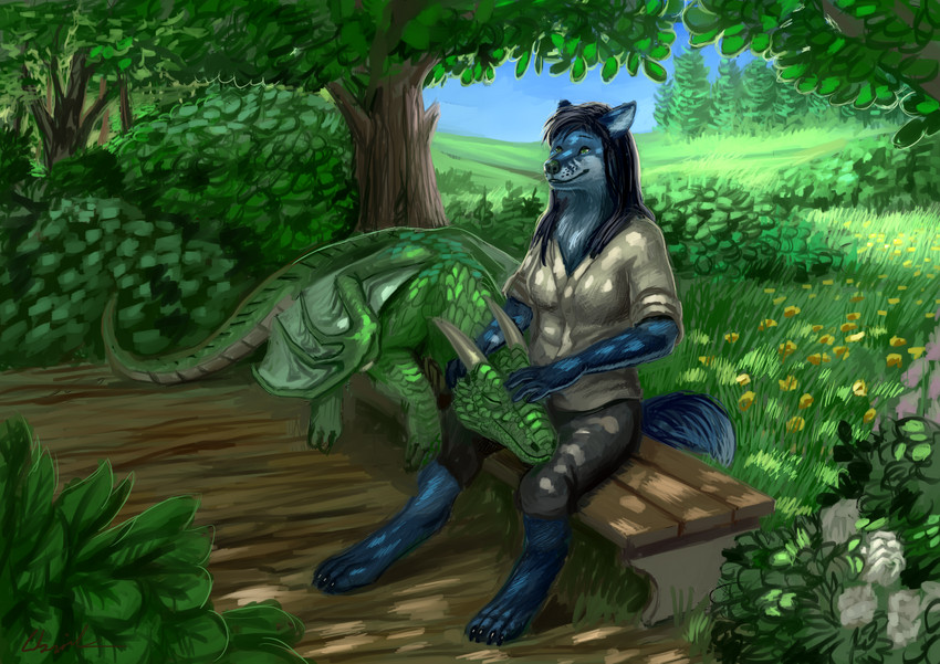 4_toes 5_fingers anthro barefoot bench biped black_hair blue_body blue_fur claws cloth countershading dappled_light day detailed_background digitigrade duo feet female female_anthro feral fingers flower fur grass green_body green_eyes green_scales hair horn light male male/female membrane_(anatomy) membranous_wings outside petting plant quadruped romantic romantic_couple scales shadow shrub sky smile sunlight tail toes tree under_shade wings rhaenjarr european_mythology mythology greeny_(odisaodi) milly_(millcore) borophagine canid canine dragon epicyon fox hybrid mammal mythological_creature mythological_scalie scalie western_dragon 2020 digital_media_(artwork)