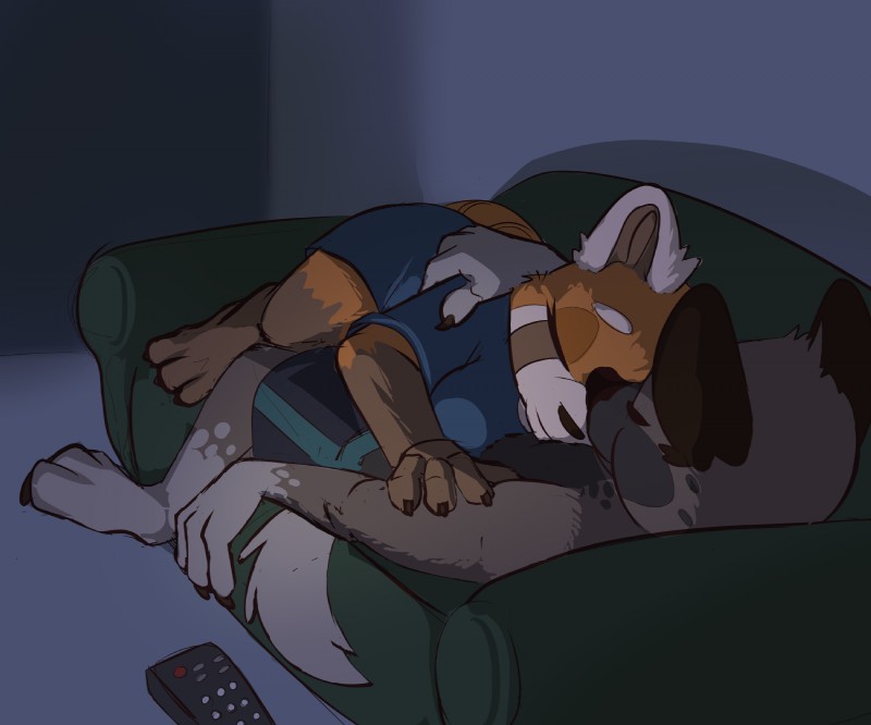 anthro breasts chest_pillow clothed clothing cuddling daww duo female fur furniture hug male male/female multicolored_body multicolored_fur romantic romantic_couple sleeping smile sofa topless blazera aggretsuko sanrio haida_(aggretsuko) retsuko ailurid hyena mammal red_panda spotted_hyena 6:5 hi_res