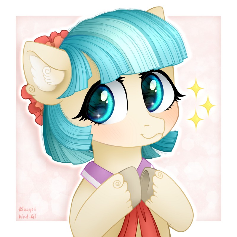 :3 accessory big_eyes blue_eyes blue_hair blush eyelashes female feral flower flower_in_hair fur hair hair_accessory hooves inner_ear_fluff pink_background plant short_hair simple_background smile solo sparkles tuft rizzych vird-gi friendship_is_magic hasbro my_little_pony coco_pommel_(mlp) earth_pony equid equine horse mammal pony 1:1 2018 artist_collaboration bust_portrait hi_res portrait signature