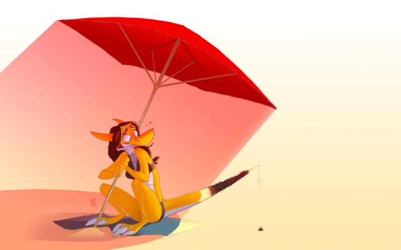 anthro biped clothed clothing female hair sitting solo sunburn tail teeth toony towel umbrella thecrazydragon mythology dragon mythological_creature mythological_scalie scalie