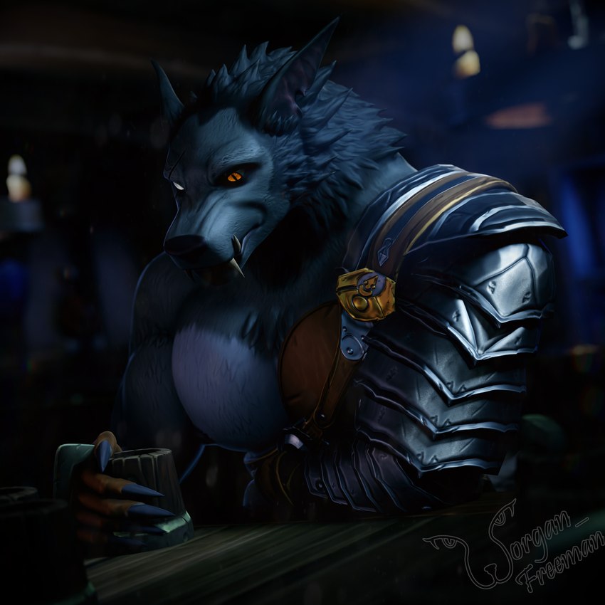 5_fingers anthro arm_armor arm_on_table armor backlighting beverage black_nose bleak_ambiance blurred_background candle cataract claws container cup depth_of_field elbow_on_table eye_scar facial_scar fangs fingers fur furniture grey_body grey_fur grey_mane holding_beverage holding_object light light_reflection looking_at_cup looking_down_at_object male mane multicolored_body multicolored_fur muscular muscular_anthro muscular_arms muscular_chest muscular_male orange_eyes pointy_ears scar sitting solo table teeth two_tone_body two_tone_fur wood wood_furniture wood_table worgan_freeman blizzard_entertainment warcraft kraygor_(worgan_freeman) canid mammal werecanid werecreature worgen 1:1 2023 3d_(artwork) absurd_res blender_(artwork) digital_media_(artwork) half-length_portrait hi_res lighting portrait signature watermark