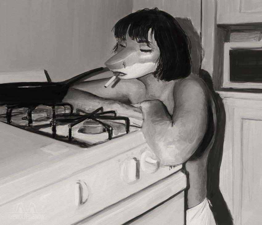 anthro appliance cigarette clothed clothing cookware eyes_closed female frying_pan hair kitchen_utensils lips lipstick makeup photo photorealism smoking snout solo stove stove_burner study tools topless thewolffinsnow fish marine shark