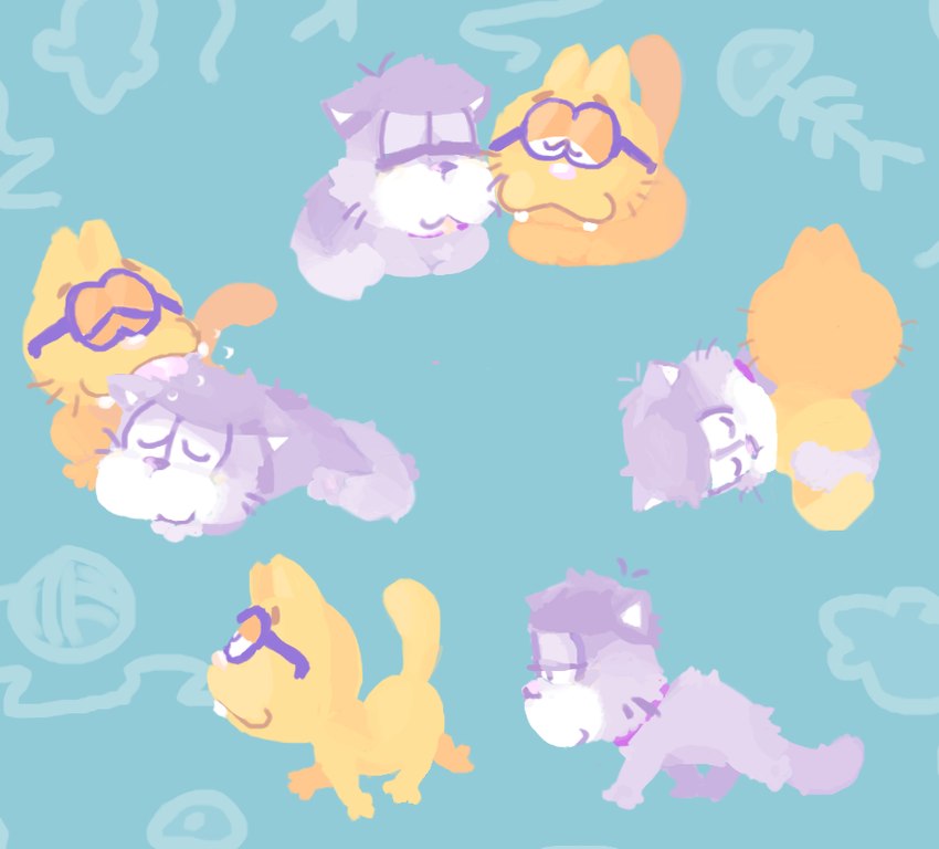 abstract_background duo eyewear feral fur glasses licking male purple_body purple_fur smile tongue tongue_out walking yellow_body yellow_fur 2n2n mr._osomatsu esp_kitty_(mr._osomatsu) ichimatsu_matsuno domestic_cat felid feline felis mammal