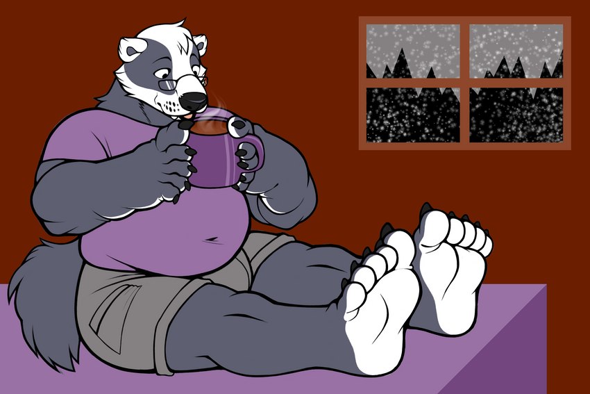 anthro bed container cup drinking eyewear foot_hands furniture glasses holding_object inside male mug slightly_chubby slightly_chubby_male snow solo steam window winter fetishame badger mammal mustelid musteline 3:2 hi_res