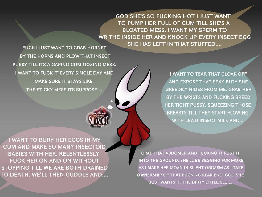 2_horns black_body cape clothing hollow_eyes horn humor red_cape red_clothing sitting text thought_bubble vulgar blobslimey hollow_knight team_cherry hornet_(hollow_knight) featureless_(disambiguation) 4:3 absurd_res english_text hi_res female_(lore)