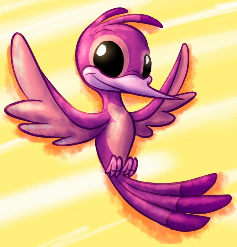 2_toes antennae_(anatomy) beak black_eyes dipstick_antennae feathers feet looking_at_viewer multicolored_antennae no_sclera pink_beak pink_body pink_feathers purple_body purple_feathers simple_background smile solo toes yellow_background bassybefuddle conditional_dnp disney lilo_and_stitch hunkahunka alien avian bird experiment_(lilo_and_stitch) 2016 digital_media_(artwork) hi_res