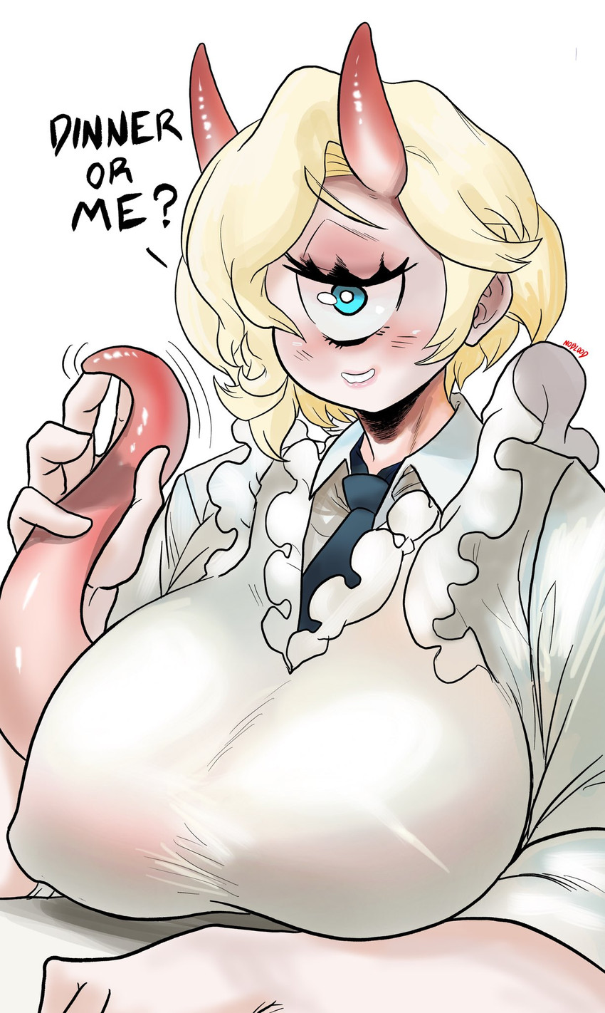 1_eye 5_fingers asking asking_viewer bedroom_eyes big_breasts black_text blonde_eyebrows blonde_hair blouse blue_eyes blush breasts choice_question closed_smile clothed clothing dialogue eyebrows eyelashes female fingers glistening glistening_eyes glistening_horn glistening_lips glistening_tentacles hair half-closed_eyes happy horn huge_breasts humanoid_ears humanoid_hands light lips looking_at_viewer looking_forward makeup mascara mature_female mature_humanoid monotone_blouse monotone_clothing monotone_hair monotone_shirt monotone_topwear motion_lines mouth_closed multicolored_horn multicolored_tentacles narrowed_eyes necktie nipple_outline not_furry pale_skin pink_horn pink_lips pink_tentacles question seductive shadow shirt short_hair simple_background smile solo talking_to_viewer tapering_tentacles teeth tentacles text tight_blouse tight_clothing tight_shirt tight_topwear topwear two_tone_tentacles white_background white_blouse white_clothing white_shirt white_topwear noblood cyclops horned_humanoid humanoid mammal english_text hi_res signature