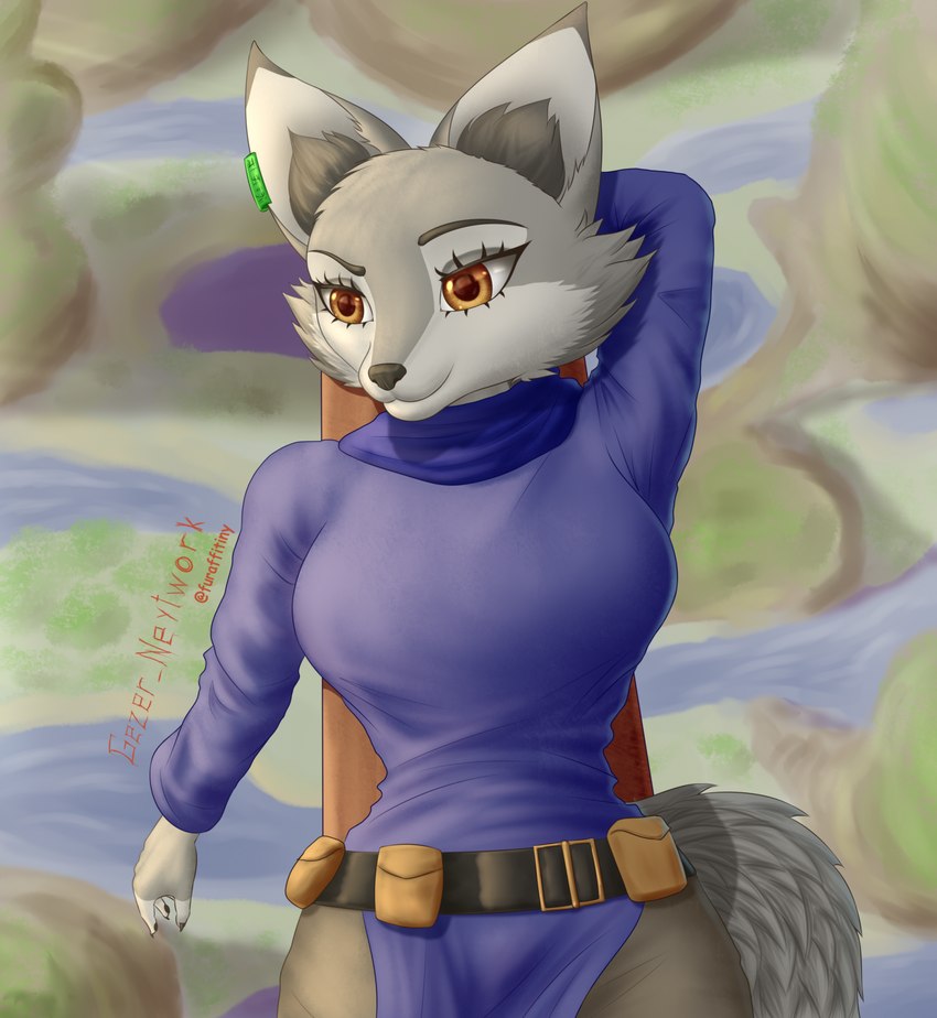 anthro belt belt_buckle belt_pouch bottomwear breasts buckle clothed clothing ear_piercing ear_ring female fur grey_body grey_fur pants piercing ring_piercing shirt solo tail topwear gezer_neytwork dreamworks kung_fu_panda zhen_(kung_fu_panda) canid canine canis corsac_fox fox mammal true_fox 2024 digital_media_(artwork) hi_res