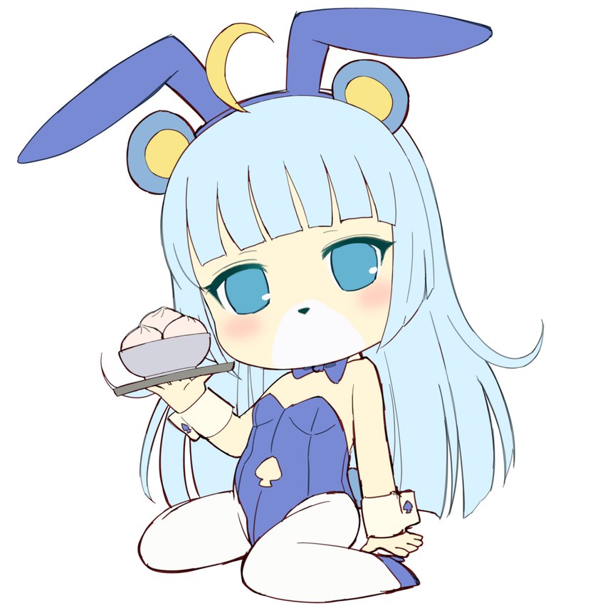 blue_eyes blue_hair blush bodysuit bow_ribbon bunny_costume chibi clothing costume dumplings fake_ears fake_rabbit_ears female food hair legwear long_hair pantyhose simple_background skinsuit solo tight_clothing nuyums sanrio show_by_rock!! tsukino_(show_by_rock!!) animal_humanoid bear humanoid mammal mammal_humanoid myumon ursid_humanoid absurd_res hi_res