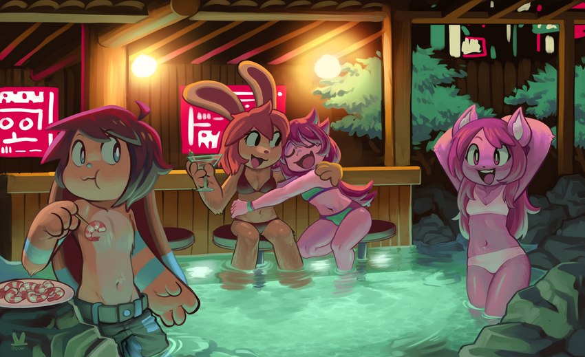 alcohol anthro beverage bikini bikini_bottom bikini_top brown_body brown_fur clothed clothing eating eating_food eyes_closed female fur group hair hug male midriff navel open_mouth open_smile partially_submerged pink_body pink_eyes pink_fur pink_hair red_hair shrimp_(food) smile swimming_trunks swimwear topless topless_male two-piece_swimsuit water wet chipsgowoah domestic_cat felid feline felis lagomorph leporid mammal rabbit 2022 absurd_res hi_res