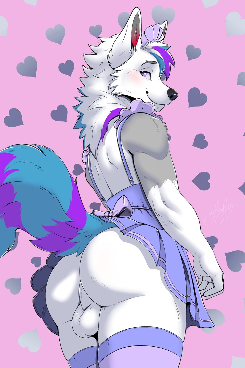 anthro backsack balls big_butt blush butt clothed clothing fur genitals hair looking_at_viewer looking_back maid_uniform male skimpy smile solo tail uniform franklyfurry w000fles canid canine canis hybrid mammal wolfdog 2:3 hi_res