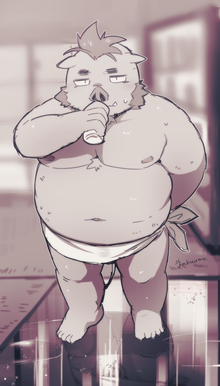 anthro belly big_belly bodily_fluids humanoid_hands kemono male moobs navel nipples overweight overweight_male solo sweat towel umekemo42 lifewonders tokyo_afterschool_summoners ganglie_(tas) mammal suid suina sus_(pig) wild_boar 2022 hi_res