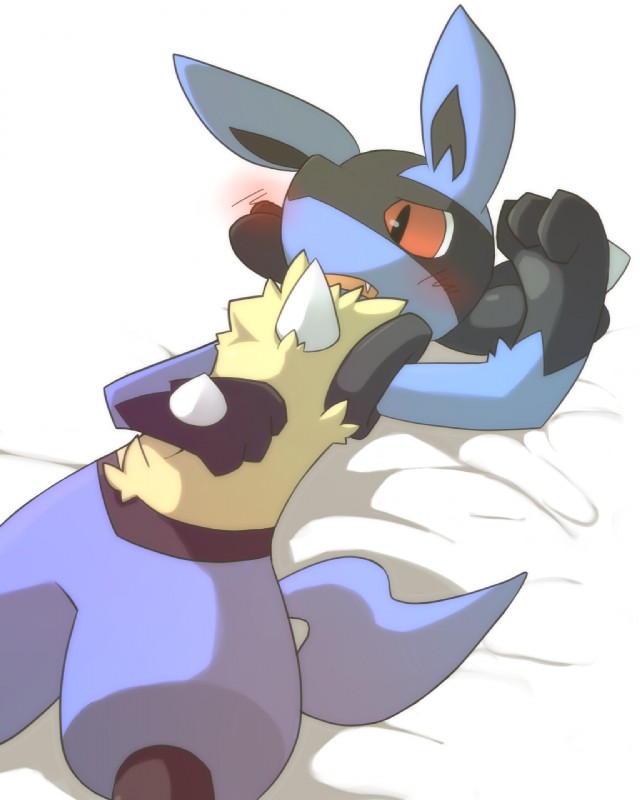 ambiguous_gender anthro bed_sheet bedding biped blush chest_spike cute_fangs fangs fluffy looking_down lying open_mouth paws simple_background solo spikes spikes_(anatomy) teeth shin_(artist) nintendo pokemon canid generation_4_pokemon lucario mammal pokemon_(species) 4:5 hi_res