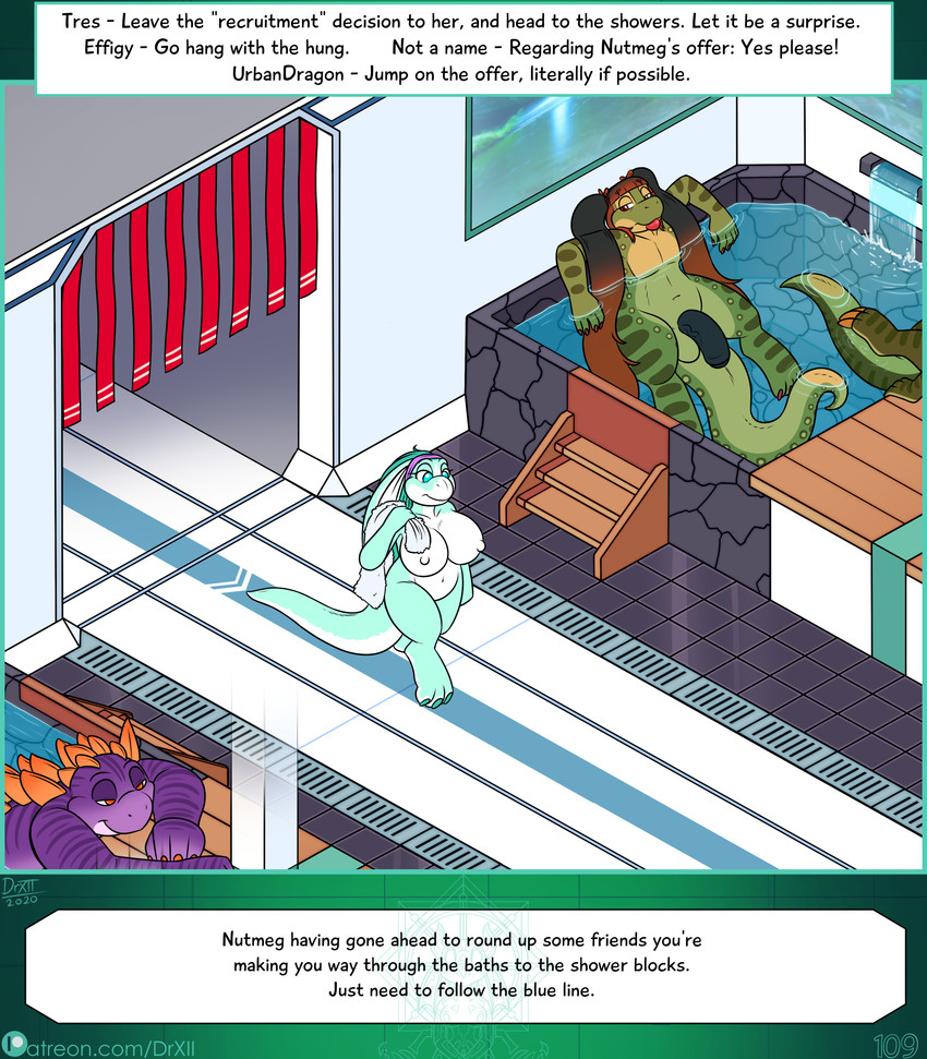 ambiguous_gender anthro bath bathhouse bathing big_breasts breasts claws duo female genitals hot_spring huge_breasts male nipples non-mammal_breasts nude onsen partially_submerged patreon_logo penis smile solo text text_box water drxii kobold_quest patreon addison_(d3rped) gooseberry_kobold kobold reptile scalie stegobold digital_media_(artwork) english_text hi_res url