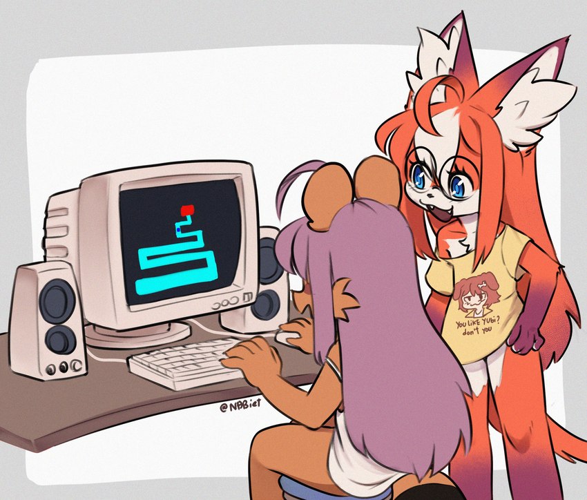 ahoge anthro blue_eyes brown_body brown_fur clothing computer computer_mouse duo electronics eyelashes eyewear female fur gaming glasses hair humor inner_ear_fluff keyboard labyrinth long_hair open_mouth playing_video_game purple_hair rail red_body red_fur red_hair shirt simple_background sitting smile speaker topwear tuft white_background white_hair yellow_clothing yellow_shirt yellow_topwear ndbiet hololive scary_maze_game vtuber inugami_korone ndbiet_(character) smooky canid canine fox mammal procyonid raccoon absurd_res hi_res