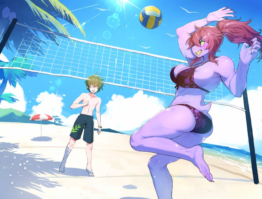 anthro beach beach_volleyball bikini biped brown_hair clothing detailed_background duo female freckles hair male purple_body purple_eyes seaside smile swimwear tan_body two-piece_swimsuit umbrella yellow_sclera sskomu_(artist) deltarune undertale_(series) kris_(deltarune) susie_(deltarune) human mammal reptile scalie hi_res