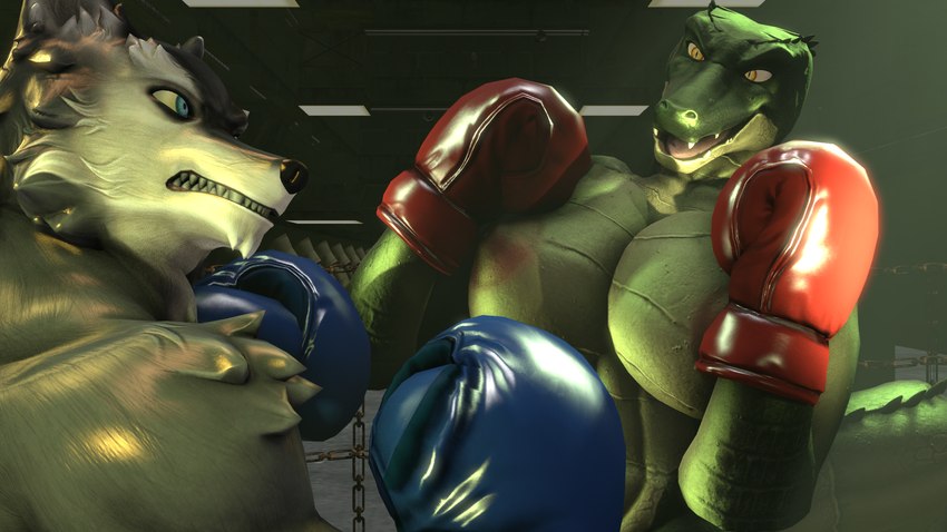 anthro blue_eyes boxing boxing_gloves breasts clothing duo female fighting_pose fighting_ring handwear inside looking_at_another male muscular muscular_anthro muscular_female muscular_male nude open_mouth pose sharp_teeth smile snarling sport standing tail teeth yellow_eyes leafytheleafer petruz_(copyright) crocodile_(petruz) wolf_(petruz) canid canine canis crocodilian mammal reptile scalie wolf 16:9 3d_(artwork) digital_media_(artwork) hi_res source_filmmaker_(artwork) widescreen