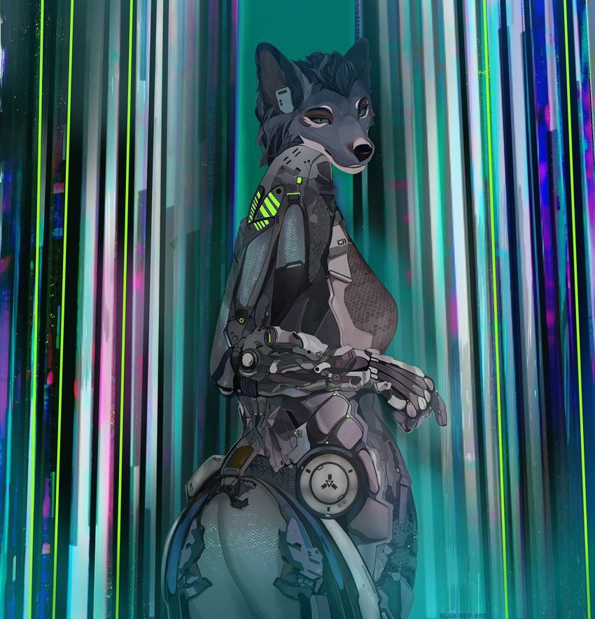 anthro breasts clothing costume cybernetics cyberpunk female fur jumpsuit light light_beam machine prosthetic sign slim solo technology alex-dep-998 android canid canine canis cyborg hybrid mammal replicant robot wolf wolfdog 2023 digital_media_(artwork) hi_res