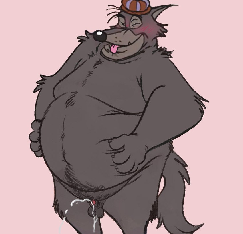 anthro balls belly big_belly blush bodily_fluids clothing cum ejaculation eyes_closed genital_fluids genitals hat headgear headwear humanoid_hands male micropenis moobs overweight overweight_male penis simple_background small_penis solo tongue tongue_out curritoss disney robin_hood_(disney) sheriff_of_nottingham canid canine canis mammal wolf 2022