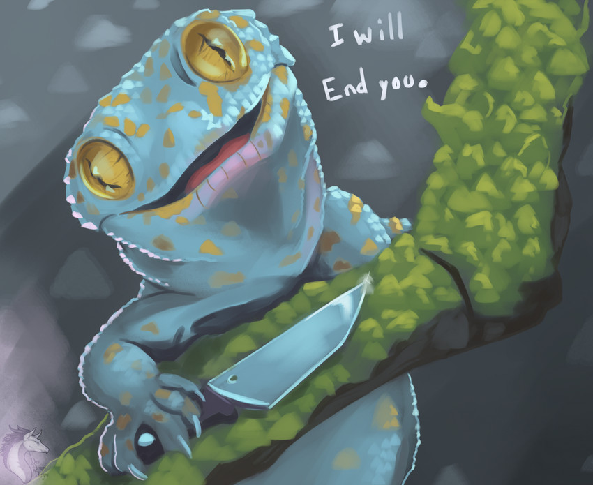 5_fingers ambiguous_feral ambiguous_gender black_eyes blue_body blue_scales feral fingers knife looking_at_viewer markings open_mouth pupils red_tongue scales slit_pupils solo text threatening threatening_with_weapon tongue white_text yellow_markings yellow_sclera dew_dragon calling_gecko gecko lizard reptile scalie tokay_gecko 2020 digital_media_(artwork) digital_painting_(artwork) english_text handwritten_text shaded