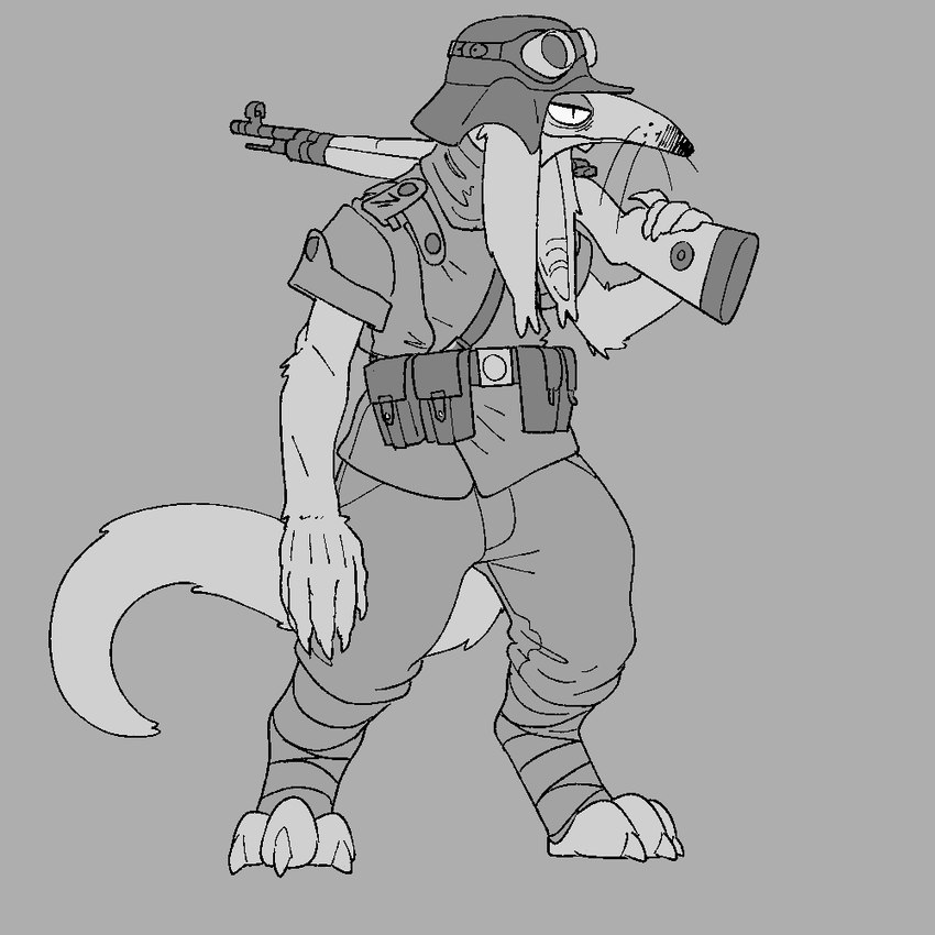 anthro barefoot belt belt_pouch claws clothing feet fur gun hat headgear headwear kar98k long_ears ranged_weapon simple_background solo uniform weapon weapon_on_shoulder whiskers xenopera kobold scalie 1:1 2021 digital_media_(artwork) monochrome