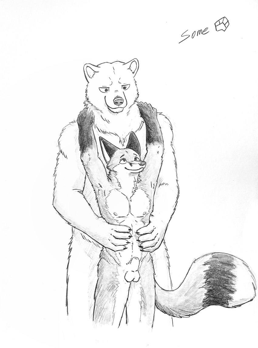 anthro duo fur gloves_(marking) happy holding_belly hug hugging_another hugging_from_behind looking_back looking_down looking_up male markings simple_background size_difference smile smiling_at_another smiling_at_partner standing tail white_body white_fur some_(someone) bear canid canine fox mammal polar_bear ursine absurd_res graphite_(artwork) hi_res monochrome traditional_media_(artwork)