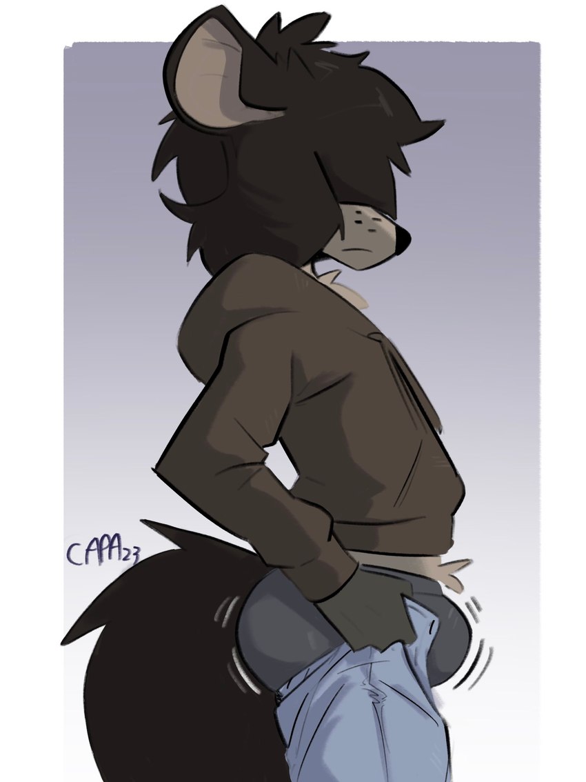 anthro big_butt biped black_body black_fur black_hair blue_bottomwear blue_clothing blue_pants border bottomwear brown_clothing brown_hoodie brown_topwear bulge butt clothing dressing fur grey_background grey_body grey_clothing grey_fur grey_inner_ear grey_underwear hair hair_over_eyes hoodie male pants pulling_up_pants simple_background solo topwear underwear white_border capaoculta meme_clothing tight_pants_(meme) ade_(capaoculta) hyena mammal spotted_hyena 2023 digital_media_(artwork) hi_res meme