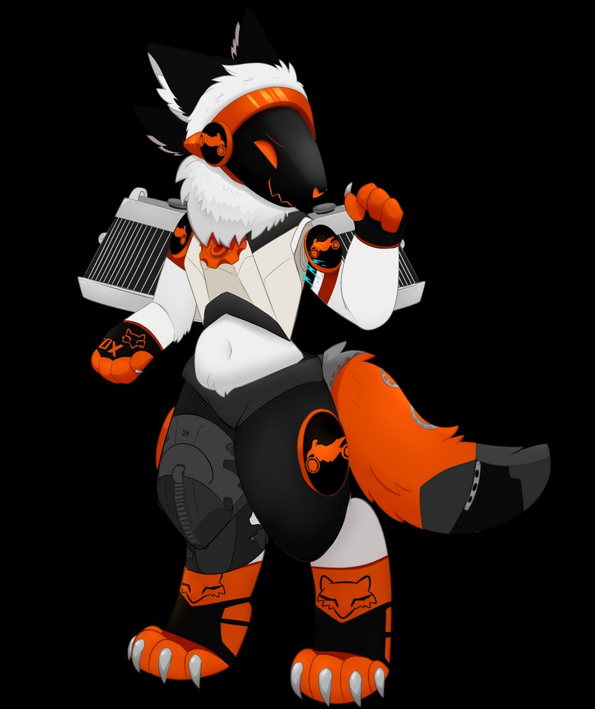 anthro black_ears carbon_fiber claws clothing floating_limbs fur gas_tank gloves handwear knee_brace machine male motorcycle orange_eyes radiator simple_background solo transparent_background vehicle white_body white_fur ittybittiestpawz enduro_(character) protogen absurd_res alpha_channel full-length_portrait hi_res portrait